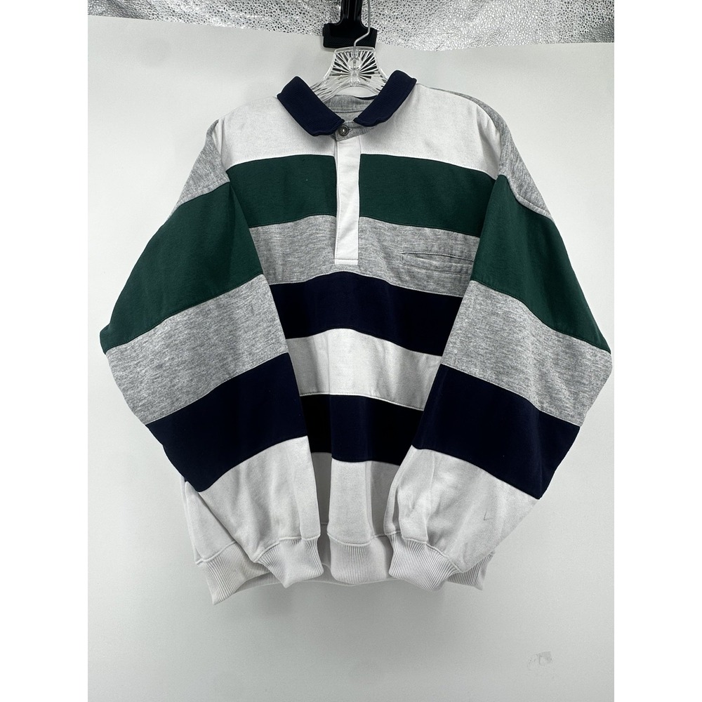 VTG Van Heusen Rugby Polo Shirt Men L Multicolor Long Sleeve Big Striped